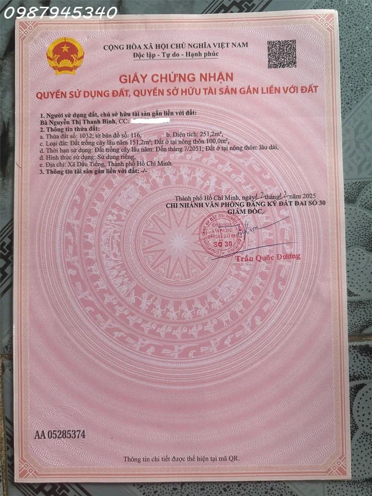 Cần tiền bán nhanh lô đất tại Ấp Núi Cậu, Dầu Tiếng, DT 251,2m2, giá 2,5 tỷ