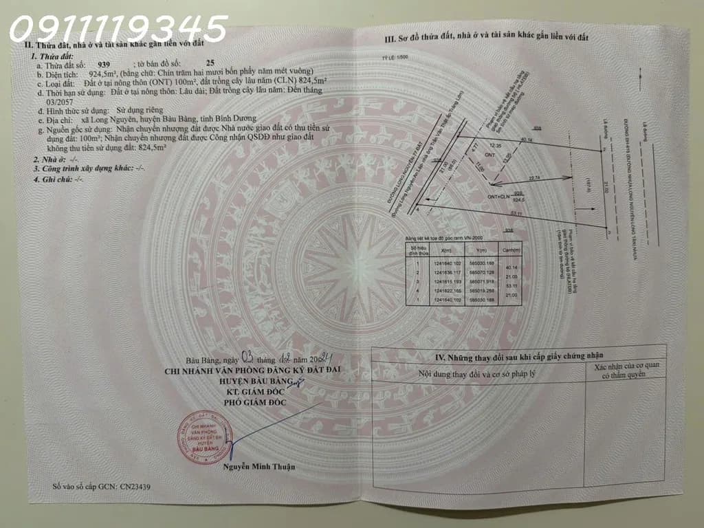 Chính chủ cần bán lô đất siêu đẹp 2 mặt tiền đường DH615, Long Nguyên, Bàu Bàng, 924,5 m2, 2,68 tỷ