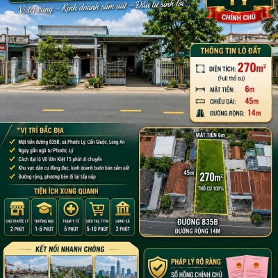 Siêu phẩm đất mặt tiền 835B, xã Phước Lý, Cần Giuộc, Long An, DT 270m2, giá đầu tư