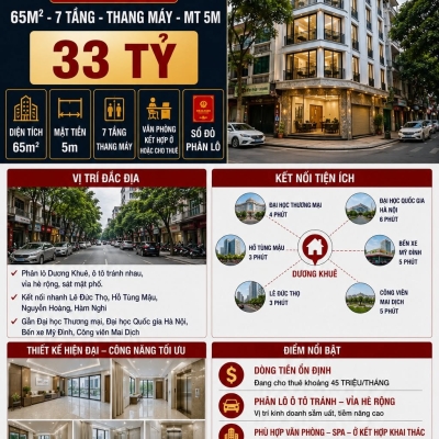 BÁN TÒA NHÀ PHÂN LÔ DƯƠNG KHUÊ - CẦU GIẤY - 65M² - 7 TẦNG - THANG MÁY - 33 TỶ