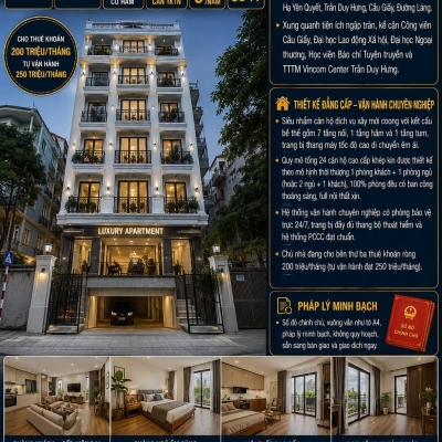 BÁN TÒA APARTMENT NGUYỄN KHANG - CẦU GIẤY - XE TẢI TRÁNH  - DÒNG TIỀN 3 TỶ/NĂM - 160M2 - 9 TẦNG - MT 7M - 59 TỶ