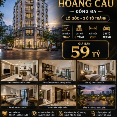 BÁN TÒA NHÀ PHÂN LÔ HOÀNG CẦU - ĐỐNG ĐA - LÔ GÓC - 3 Ô TÔ TRÁNH - 70M2 - 8 TẦNG - MT 20M - 59 TỶ
