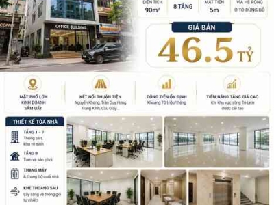 BÁN TÒA VP MẶT PHỐ NGUYỄN KHANG - CẦU GIẤY - DT70 TR/TH - 90M2 - 8 TẦNG - MT 5M - 46.5 TỶ