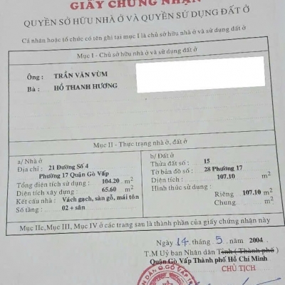 Nhà hẻm 514/21 Lê Đức Thọ, Phường 17, Gò Vấp, Hẻm  thông, 5,78x22m, Tốp, Cn 107,1 m2, trệt 1 lầu, 9 tỷ TL