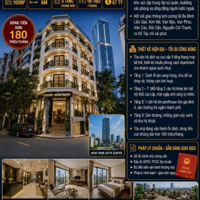 BÁN TÒA APARTMENT LIỄU GIAI - BA ĐÌNH -  Ô TÔ TRÁNH - 9 TẦNG THANG MÁY -DT 180 TRIỆU/THÁNG - 105M² -  67 TỶ