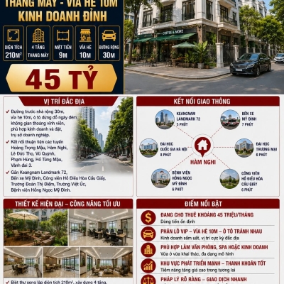 BÁN BIỆT THỰ HÀM NGHI - NAM TỪ LIÊM - THANG MÁY, VỈA HÈ 10M, KINH DOANH ĐỈNH - 210M2 - 4 TẦNG - MT 9M - 45 TỶ