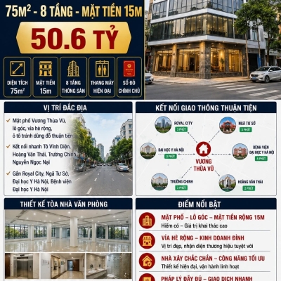 BÁN TÒA VP MẶT PHỐ VƯƠNG THỪA VŨ - THANH XUÂN - 75M² - 8 TẦNG - MẶT TIỀN 15M - 50.6 TỶ