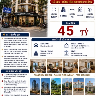 BÁN TÒA APARTMENT LINH LANG - BA ĐÌNH - LÔ GÓC - DT 200 TR/TH - 120M² - 9 TẦNG - MT 7M - 45 TỶ