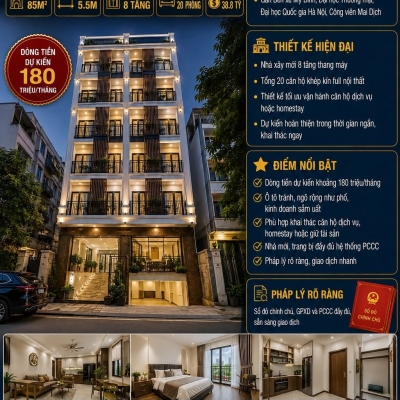 BÁN TÒA NHÀ MỸ ĐÌNH - NAM TỪ LIÊM - 85M² - 8 TẦNG - 20 PHÒNG - DT 180 TR/TH -  38.8 TỶ