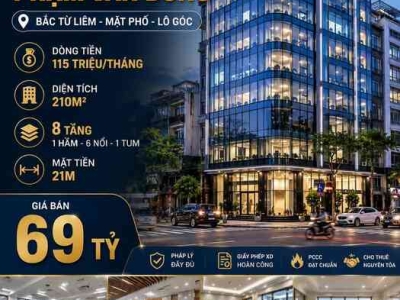 BÁN TÒA VĂN PHÒNG PHẠM VĂN ĐỒNG - BẮC TỪ LIÊM - MẶT PHỐ - DÒNG TIỀN 115 TRIỆU/THÁNG - 210M2 - 8 TẦNG - MT 21M - 69 TỶ