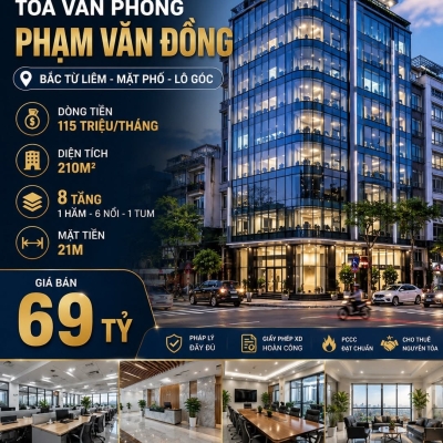 BÁN TÒA VĂN PHÒNG PHẠM VĂN ĐỒNG - BẮC TỪ LIÊM - MẶT PHỐ - DÒNG TIỀN 115 TRIỆU/THÁNG - 210M2 - 8 TẦNG - MT 21M - 69 TỶ