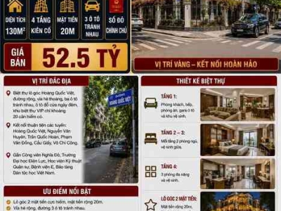 BÁN BIỆT THỰ HOÀNG QUỐC VIỆT - CẦU GIẤY - LÔ GÓC 2 MẶT TIỀN, VỈA HÈ, 3 Ô TÔ TRÁNH - 130M2 - 4 TẦNG - MT 20M - 52.5 TỶ