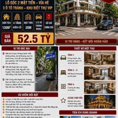 BÁN BIỆT THỰ HOÀNG QUỐC VIỆT - CẦU GIẤY - LÔ GÓC 2 MẶT TIỀN, VỈA HÈ, 3 Ô TÔ TRÁNH - 130M2 - 4 TẦNG - MT 20M - 52.5 TỶ