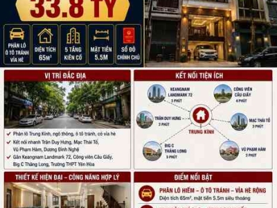 BÁN NHÀ PHÂN LÔ TRUNG KÍNH - CẦU GIẤY - 65M² - 5 TẦNG - MẶT TIỀN 5.5M - 33.8 TỶ