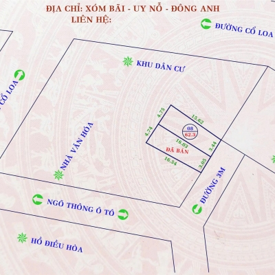 Chính chủ gửi bán nhanh 62.3m2 đất xóm Bãi, Uy Nỗ, Đông Anh giá chỉ 55 triệu/m2 rẻ hơn thị trường 10 giá