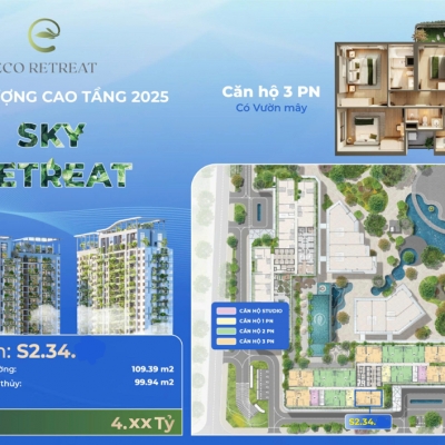 Căn hộ 3 phòng ngủ Eco Retreat  giá gốc CĐT 4,3 tỷ (gồm VAT+KPBT) không chênh, có vườn mây 109m2