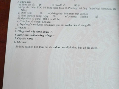 Chính Chủ Cần bán đất gấp tại đường Cao Hồng Lãnh - Ngũ Hành Sơn, DT 100m2, giá 5.1 tỷ