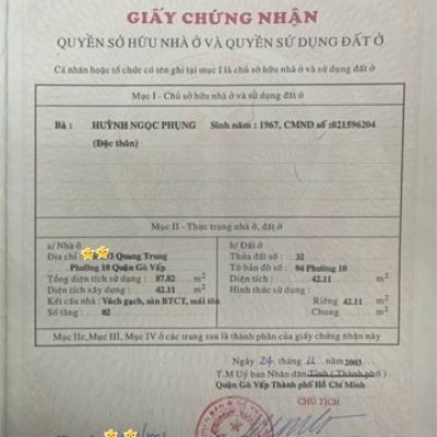 Chỉ 3.25 tỷ! Nhà trệt lầu, 4.3x10m. Gần ngã 5 Quang Trung, Phường 10, Gò Vấp.