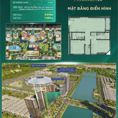 Căn hộ chung cư 2 ngủ, diện tích 72.8m2 tại chung cư The Cosmopolitan, vinhomes Cổ loa, đông anh, hà nội.
2PN – 72.8m² – Tầng cao thoáng mát
View hồ 5.6ha, 32ha, công viên VinWonders & trục đường Trường Sa