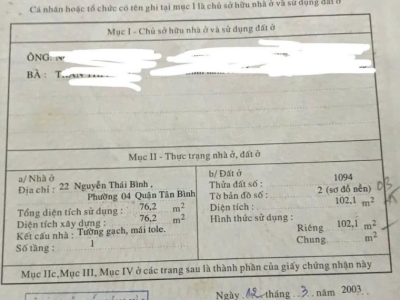 Nhà MT 22 Nguyễn Thái Bình, Phường 4, Tân Bình, MT 16m, 5,3 NH 7,45x17,5m, Cn 102 m2, Cấp 4, 24 tỷ TL