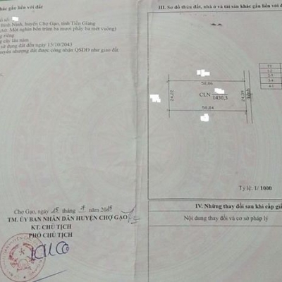 Bán Gấp đất Chợ Gạo 1.430m2 gần phà Bình Ninh ĐT 864 giá chốt 1 tỷ