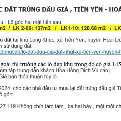 BÁN CÁC LÔ GÓC ĐẤT TRÚNG ĐẤU GIÁ , TIỀN YÊN  HOÀI ĐỨC HÀ NỘI