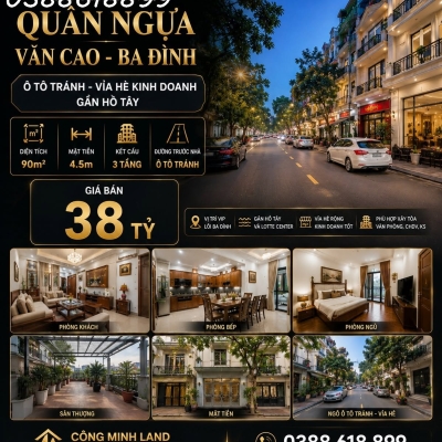 BÁN NHÀ PHÂN LÔ QUẦN NGỰA - VĂN CAO - BA ĐÌNH - Ô TÔ TRÁNH - VỈA HÈ KINH DOANH  - 90M2 - MT 4.5M - 38 TỶ