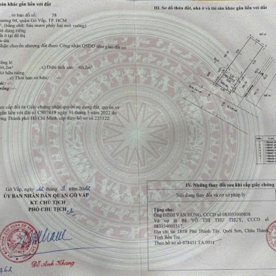 Nhà MT 16 Lê Lai, Phường 4, Gò Vấp, MT 10m, 4x15m, Cn 60,2 m2, Cấp 4, 8,9 tỷ TL