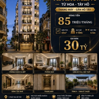BÁN TÒA APARTMENT TỪ HOA - TÂY HỒ - THANG MÁY - GẦN HỒ TÂY - DÒNG TIỀN 85 TRIỆU/THÁNG - 65M2 - 9 TẦNG - 30 TỶ
