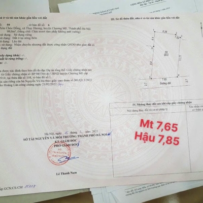 Cần bán 98 m2  canh đường Máng 7  canh điện lực trường chương Mỹ a . - 
Diện tích : 98 m , mt 7,65. Mặt hậu 7,85
 địa chỉ ; chúc Đồng - Thụy Hương - chương Mỹ - Hà Nội . 
Đường trước đất gần 3  m ô tô   Đỗ cửa 300 m ra chợ chúc huyện ủy   Tòa án , bảo hiể