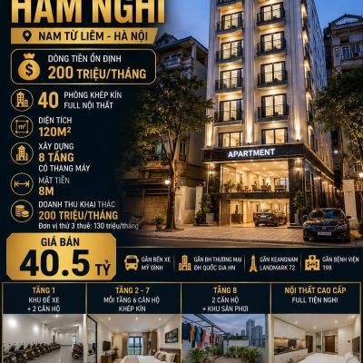 BÁN TÒA APARTMENT HÀM NGHI - NAM TỪ LIÊM - 40 PHÒNG - DT 200 TR/TH - 120M2 - 8 TẦNG - MT 8M - 40.5 TỶ
