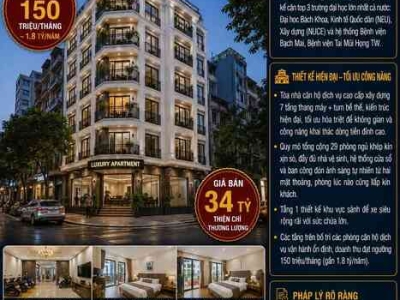 BÁN TÒA APARTMENT TRẦN ĐẠI NGHĨA - HBT - LÔ GÓC - Ô TÔ TRÁNH - DT 150 TR/TH - 110M² - 7 TẦNG TM - 34 TỶ