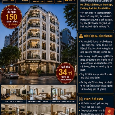 BÁN TÒA APARTMENT TRẦN ĐẠI NGHĨA - HBT - LÔ GÓC - Ô TÔ TRÁNH - DT 150 TR/TH - 110M² - 7 TẦNG TM - 34 TỶ