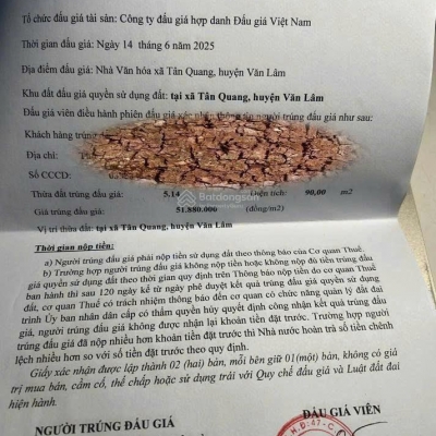 Bán đất đấu giá giãn dân Tân Quang - Văn Lâm - Hưng Yên (Chính chủ trúng đấu giá)