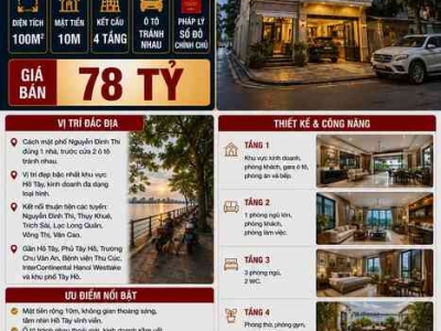 BÁN BIỆT THỰ NGUYỄN ĐÌNH THI - TÂY HỒ - VIEW HỒ TÂY, KINH DOANH ĐỈNH, Ô TÔ TRÁNH - 100M2 - 4 TẦNG - MT 10M - 78 TỶ