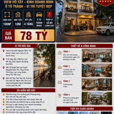 BÁN BIỆT THỰ NGUYỄN ĐÌNH THI - TÂY HỒ - VIEW HỒ TÂY, KINH DOANH ĐỈNH, Ô TÔ TRÁNH - 100M2 - 4 TẦNG - MT 10M - 78 TỶ