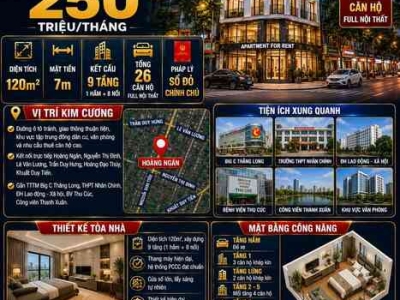 BÁN TÒA APARTMENT HOÀNG NGÂN - CẦU GIẤY - Ô TÔ TRÁNH - DÒNG TIỀN 250 TRIỆU/THÁNG - 120M² - 9 TẦNG - MT 7M - 35,8 TỶ