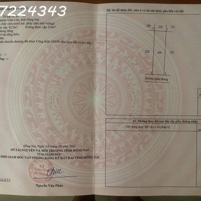 Chính chủ cần bán lô đất siêu đẹp Xã Bình Hòa, Vĩnh Cửu, Đồng Nai, DT 92,5m2, giá đầu tư