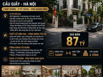 BÁN BIỆT THỰ KĐT NGHĨA ĐÔ - CẦU GIẤY - 2 MẶT ĐƯỜNG, Ô TÔ TRÁNH - KINH DOANH ĐỈNH - 140M2 - MT 7M - 87 TỶ
