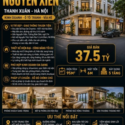 BÁN LIỀN KỀ NGUYỄN XIỂN - THANH XUÂN - KINH DOANH - Ô TÔ TRÁNH - 95M2 - MT 6M - GIÁ 37.5 TỶ