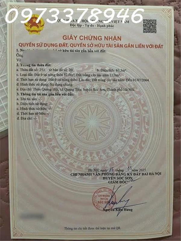 Chính chủ cần bán lô đất siêu đẹp tại xã Quang Tiến, Sóc Sơn, DT 63.3m2, giá đầu tư