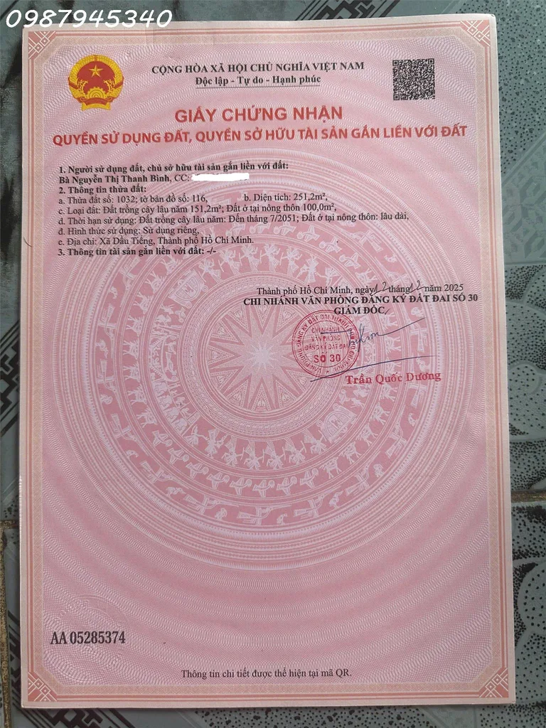 Cần tiền bán nhanh lô đất tại Ấp Núi Cậu, Dầu Tiếng, DT 251,2m2, giá 2,5 tỷ