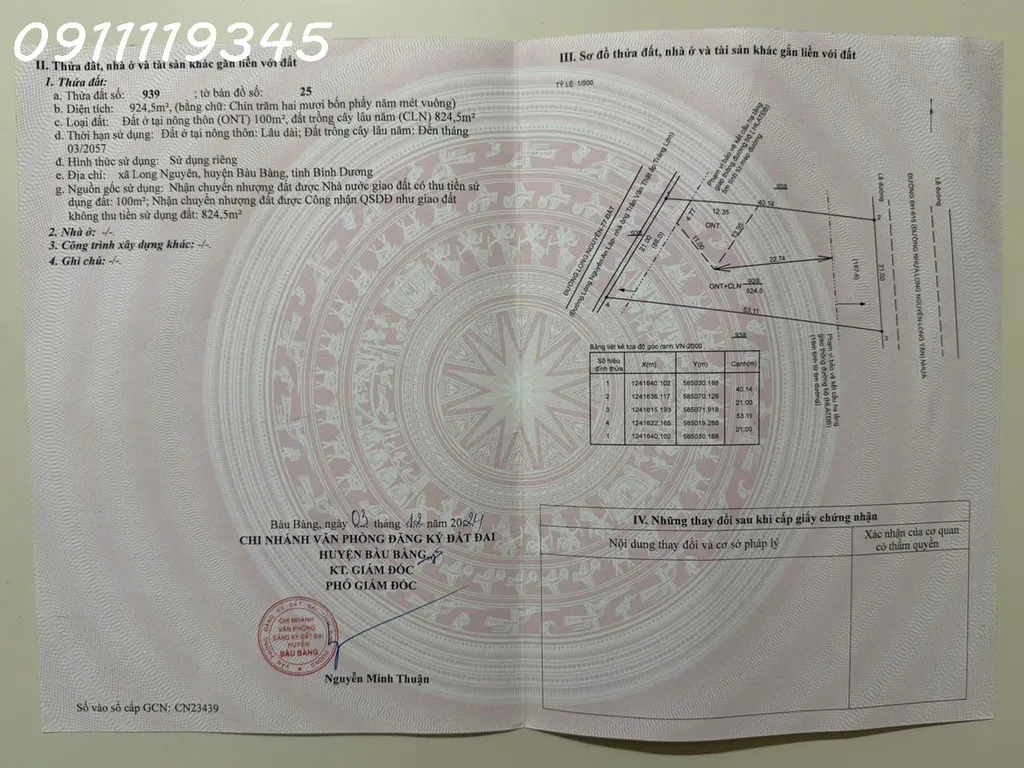 Chính chủ cần bán lô đất siêu đẹp 2 mặt tiền đường DH615, Long Nguyên, Bàu Bàng, 924,5 m2, 2,68 tỷ